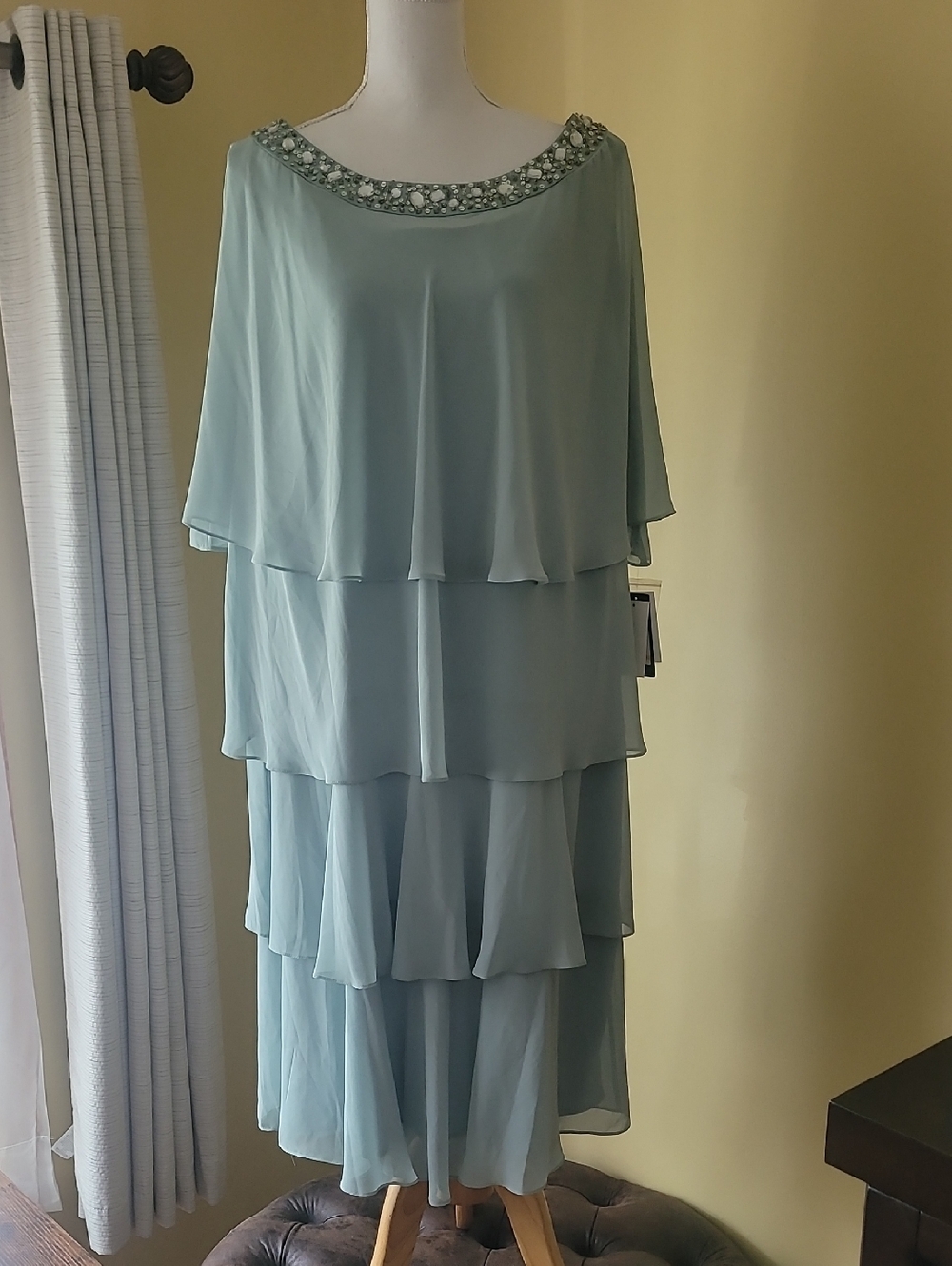 SLNY Layered Chiffon Midi Dress with Beaded Neckline - Sage Green Size 24W
